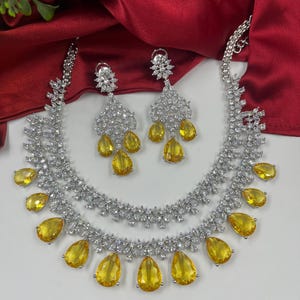 Tara Sutaria Double layer Faux Yellow Diamond wedding Necklace American Diamond jewelery CZ zircon Indian traditional imitation