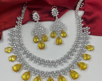 KAIRA Yellow CZ Diamond Wedding Necklace Set Indian Imitation layered Jewelry gift