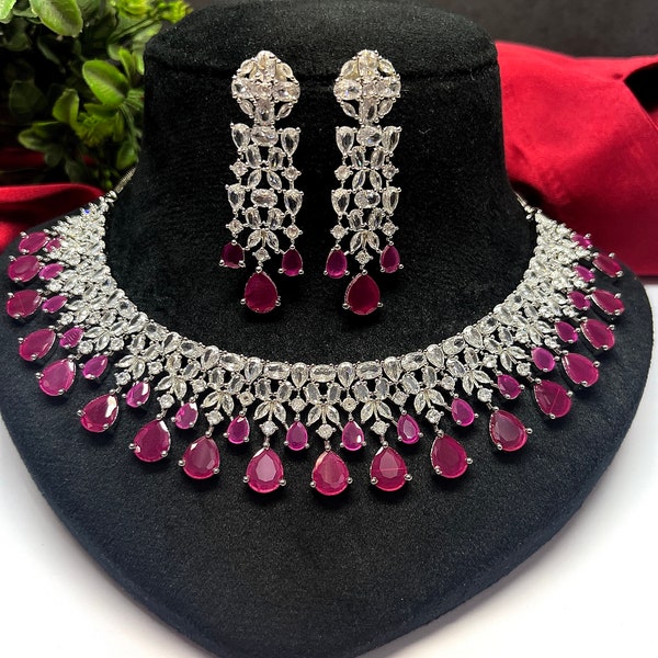 High Quality CZ Diamond Ruby Pink Necklace Earring Set, Bridal Dangler, Bridal Choker, Party Wear Necklace Earrings Statement Piece