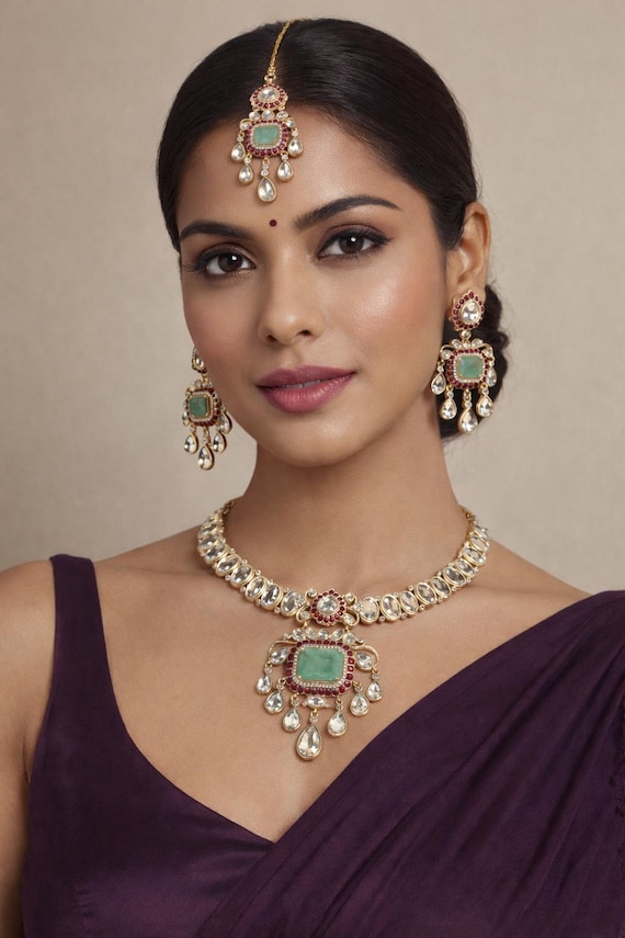 Green Doublet Kundan polki Choker Necklace Earrings Maang Tikka Set | Indian Bridal Jewelry