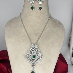 CZ faux Emerald Green color Pendant earrings chain set Zirconia | CZ Necklace Diamond replica Pakistani india Vintage American diamond gift