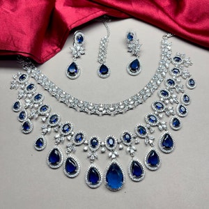 Beautiful Faux Sapphire Blue Diamond wedding Necklace set American Diamond jewelery CZ zircon Indian traditional imitation fashion