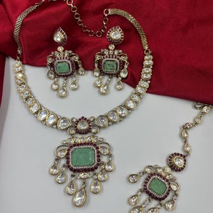 Green Doublet Kundan polki Choker Necklace Earrings Maang Tikka Set | Indian Bridal Jewelry image 15