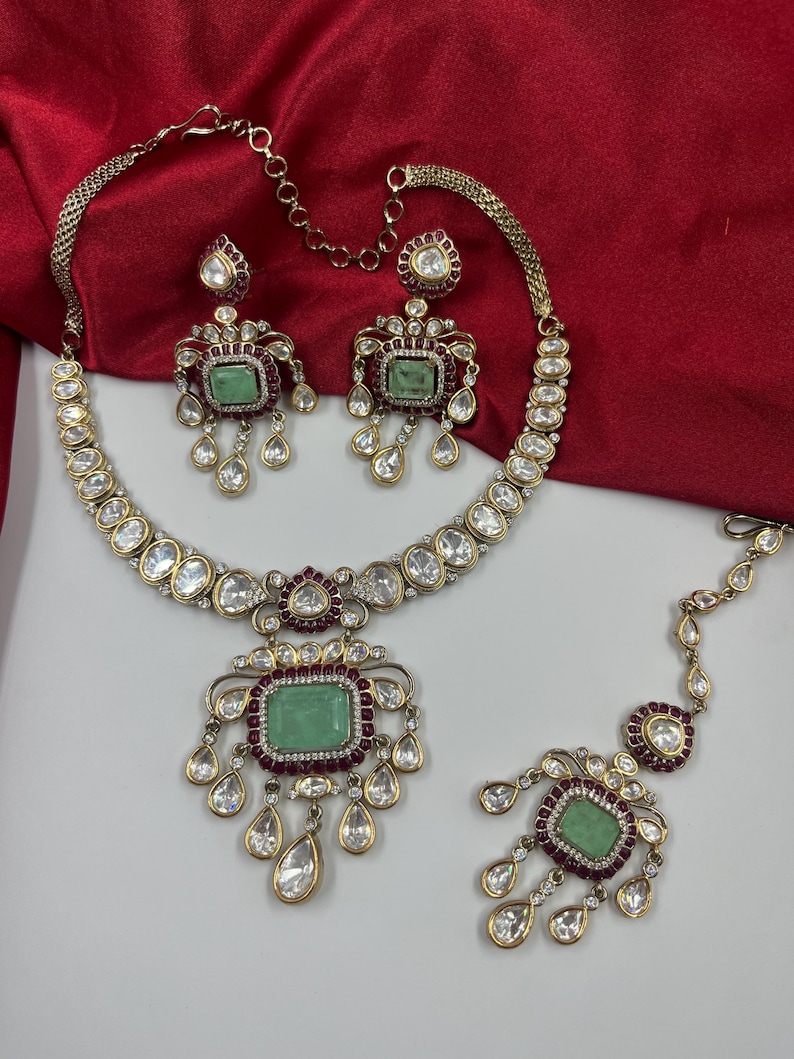 Green Doublet Kundan polki Choker Necklace Earrings Maang Tikka Set | Indian Bridal Jewelry image 15