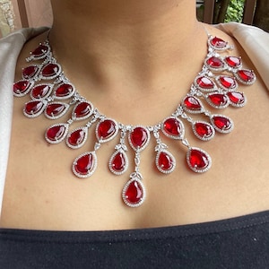 Ruby color CZ Diamond Necklace Red Bridal Jewelry Set American Diamond pinkish red Necklace Set CZ Sets Zircon Necklace India