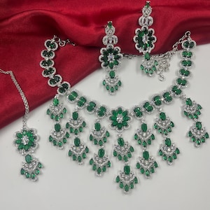 Beautiful Green American Diamond High Quality Necklace set, Indian Bridal jewellery Cz Diamond look alike Necklace and earrings AD jewellery