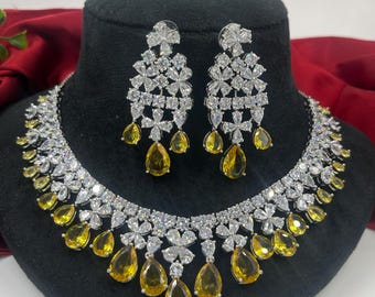 Yellow CZ Diamond Indian Bridal Necklace Set, imitation wedding jewelry
