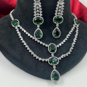 CZ Green Diamond Necklace and Earrings Set: White Gold Plated Party Jewelry