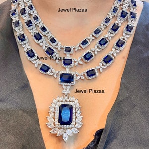 Three layer Faux Sapphire Blue Diamond wedding Necklace set American Diamond jewelery CZ zircon Indian traditional imitation fashion