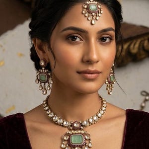 Green Doublet Kundan polki Choker Necklace Earrings Maang Tikka Set | Indian Bridal Jewelry image 2