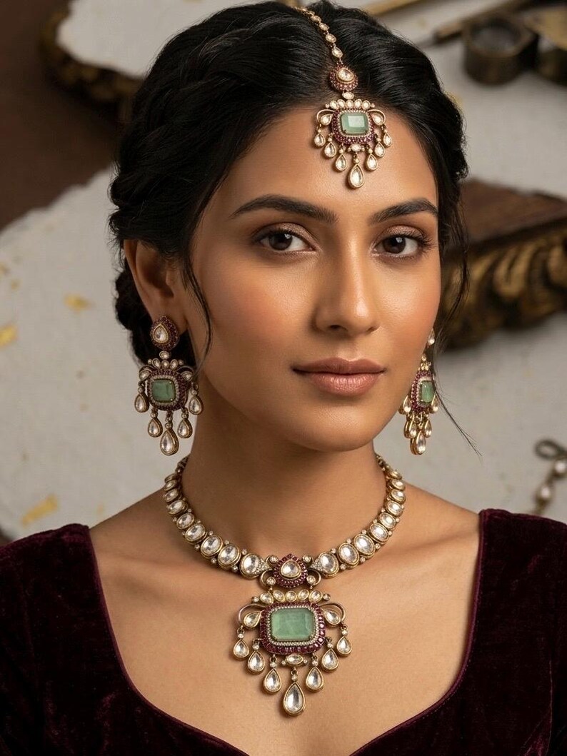 Green Doublet Kundan polki Choker Necklace Earrings Maang Tikka Set | Indian Bridal Jewelry image 2