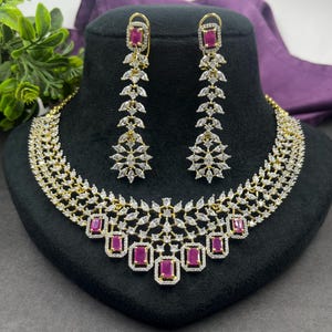 Golden CZ white diamond ruby red  necklace earrings faux set American diamond jewelry replica fashion statement golden plated imitation gift
