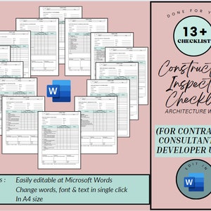 Op de afbeelding: Een digitale download van meer dan 13 bouwkeuring-checklists in Microsoft Word-formaat. De checklists zijn ontworpen voor aannemers, consultants en ontwikkelaars. De checklists zijn gemakkelijk te bewerken en kunnen worden aangepast met verschillende lettertypen en tekst. De checklists zijn in A4-formaat.