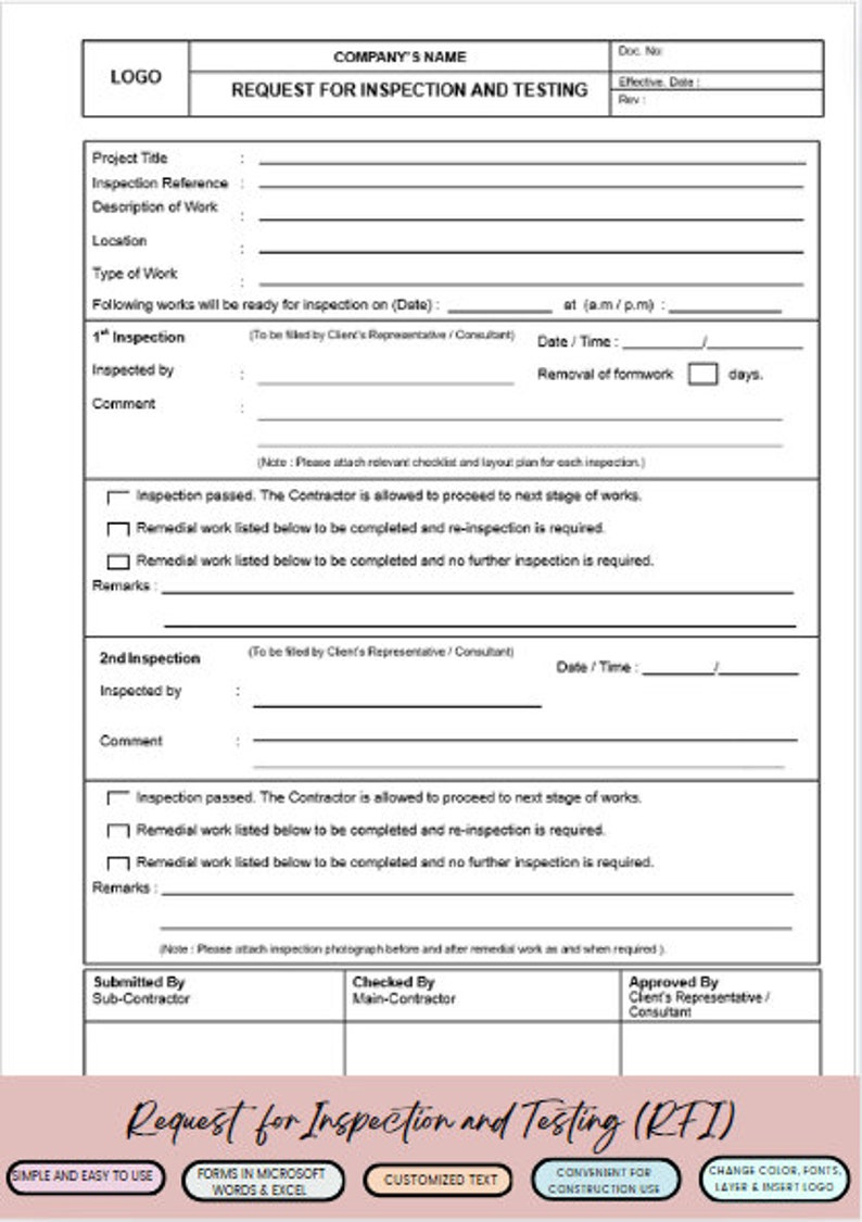 Quick Reference Inspection Form Construction Site Forms, Daily Log, Inspection Request (microsoft Words ...