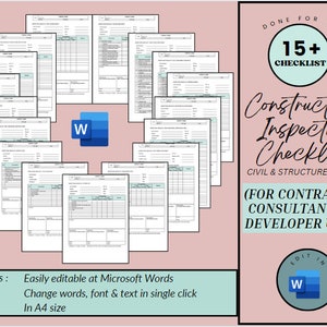 Op de afbeelding: Een digitale download van meer dan 15 bouwkeuring-checklists voor civiele en structurele werken. De checklists zijn bewerkbaar in Microsoft Word en zijn ontworpen voor aannemers, consultants en ontwikkelaars. De checklists zijn in A4-formaat.