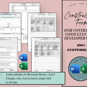 Op de afbeelding: Een digitale download van een aanpasbare bouwformulier sjabloon. Het formulier is bewerkbaar in Microsoft Word en Excel. De sjabloon is 100% aanpasbaar en is beschikbaar in A4-formaat.