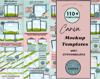 May include: A pink and green Canva mockup template for digital planners. The image shows 110+ templates, 100% customizable, and editable in Canva. The text "Done for you" and "You resell this ebook for profit" are also visible.