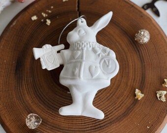 Ready to paint ceramic white rabbit Unfinished DIY Crafts  Alice in Wonderland decoration Christmas ornament