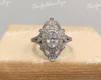 1930s Vintage 2.30 Ct White Oval Cut Engagement Ring In 935 Argentium Silver, Antique Engagement Ring, Edwardian Ring, Art Deco Ring