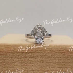 Anel de noivado vintage de 2,0 CT com diamantes brancos e pera da década de 1930 em prata 935 Argentium, anel de noivado antigo, anéis para mulheres, anel Art Déco