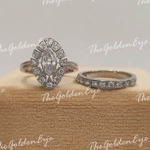 Art Deco 2.40 Ct White Marquise Cut Diamond Engagement Wedding Ring Set in 935 Argentium Silver, Antique Engagement Ring, Anniversary Ring