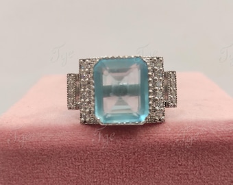 Antique 3.0 Ct Aquamarine Emerald Cut Engagement Ring in 935 Argentium Silver, Antique Engagement Ring,Art Deco Ring,Gemstone Ring