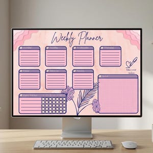 May include: A digital weekly planner displayed on a computer monitor. The planner features a pink and purple color scheme with sections for each day of the week, a habit tracker, and a notes section. The words "Weekly Planner" are at the top.