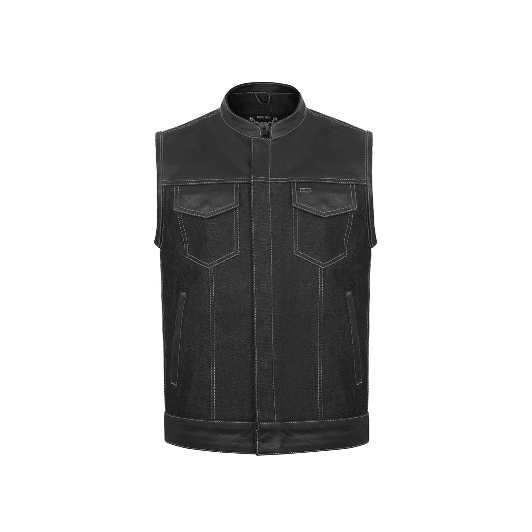 Men's Black Denim & Leather Classic Waistcoat Vest Etsy
