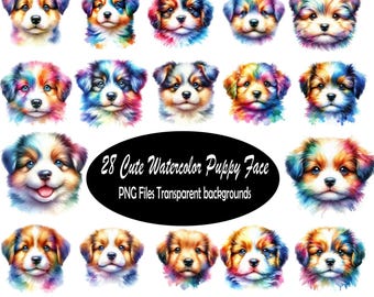Puppy Face Clipart Bundle in Watercolor with Dog Clip Art Designs and Transparent PNG Perfect for DIY Crafts & Sublimation