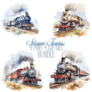 Puede incluir: Un conjunto de cuatro ilustraciones de acuarela de trenes de vapor vintage. Cada tren se representa con una columna de humo y se coloca sobre un fondo de acuarela.