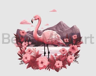 Pink Flamingo with pink flowers PNG Sublimation Designs - flamingo PNG , flamingo Clipart