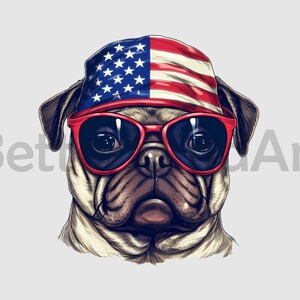 Pug Head with US flag 2 Sublimation Designs T-Shirt, Pug Head Png, Pughead Clipart