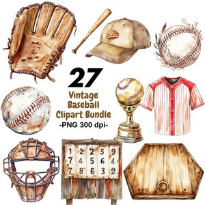 May include: A set of 27 vintage baseball clipart illustrations in watercolour style. The set includes a baseball glove, a baseball cap, a baseball, a baseball jersey, a baseball trophy, a baseball catcher's mask, a baseball scoreboard, and a home plate.