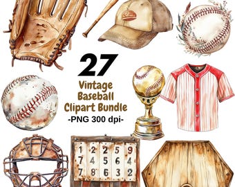 Vintage Baseball Clipart-Bundle für Sublimation, Retro Baseball PNG-Bilder, klassischer Sport druckbare Clip Art, Baseball Grafiken Set