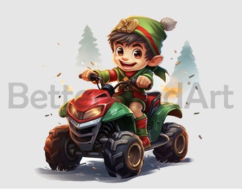 Garçon mignon Elf équitation atv , Sublimation Designs -téléchargement numérique, ATV PNG , Sublimation numérique