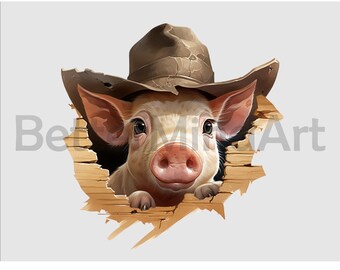 May include: A digital illustration of a piglet wearing a brown cowboy hat, peeking through a hole in a wooden wall. The piglet has a pink snout and ears, with a light-colored face and dark eyes.
