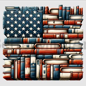 May include: A stack of books arranged in the shape of an American flag. The books are in various colors, including red, white, and blue. The books are stacked in a way that creates the stripes and stars of the American flag.