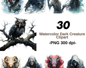 30 Dark Fantasy Aquarell Kreaturen PNG Bundle | Gothic Horror Hexen Sensenmann Dämon Schädel Eule Kunst | 300 DPI Sofortdownload
