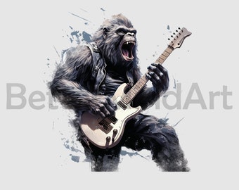 May include: A black gorilla wearing a leather jacket plays a white electric guitar with a black pickguard. The gorilla is roaring and the background is a gray watercolor wash.