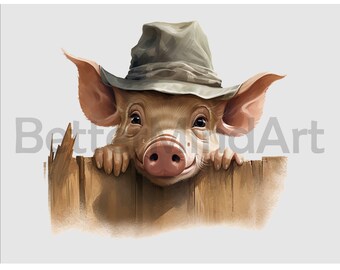 May include: A charming illustration of a pig wearing a gray hat, peeking over a wooden fence. The pig has a pink snout and large ears, with a friendly expression. The artwork has a watercolor style.