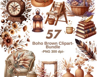 57 Boho Brown Clipart Bundle Aesthetic PNG, Bohemian Neutral Digital Elements for Sublimation, Scrapbooking and Design Projects
