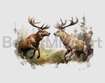 May include: Two brown and white male deer with large antlers stand facing each other in a watercolor style illustration. The deer are in a forest setting with a white background.