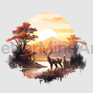 Cool Sunset nature  Deer hunting 02 PNG Sublimation Designs - Deer PNG , Deer hunter Clipart