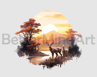 Coola solnedgångsnatur Hjortjakt 02 PNG Sublimeringsdesigner - Hjort PNG, Hjortjägare Clipart