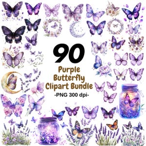 90 lila fjärils clipartpaket PNG | Akvarell lavendelfjäril digitala klistermärken | Lila fjäril PNG-set för sublimering