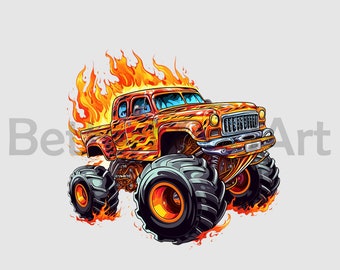 Flaming Monster Truck Sublimation Designs - Monster Truck PNG, Monster Truck Clipart