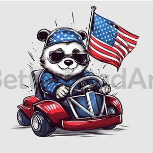 Flaga USA panda go kart #2 png, wzory sublimacji - pobieranie cyfrowe, go kart png, słodka panda png