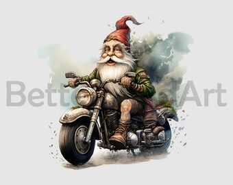T-shirt con disegni a sublimazione di gnomo carino alla guida di una motocicletta, png moto, clipart motociclista