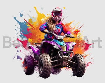 Colorful ATV lady driver Png , Sublimation Designs -digital download, ATV PNG , Digital sublimation