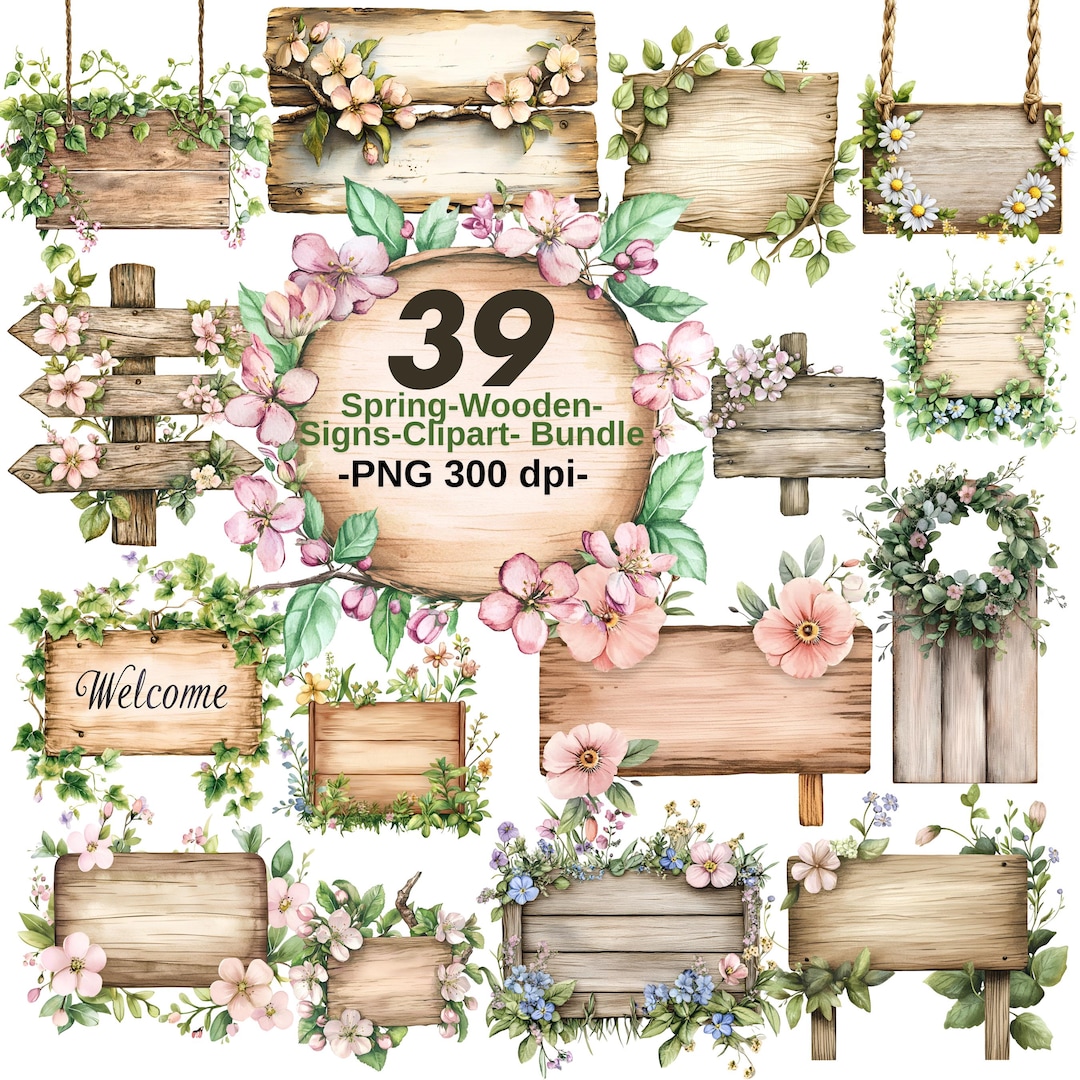 Wood Spring Graphics Spring Wooden Signs Clipart Bundle PNG | Rustic Farmhouse Spring Clip ...
